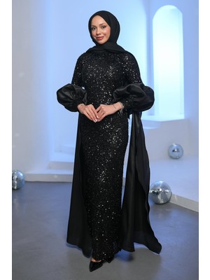 İmaj Butik Siyah Payetli Balon Kol Detaylı Abiye
