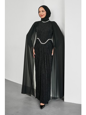 İmaj Butik Siyah Yakası ve Beli Taşlı Pelerin Detaylı Abiye