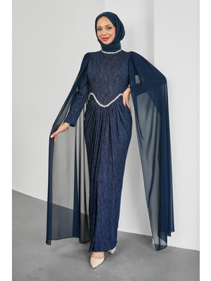 İmaj Butik Lacivert Yakası ve Beli Taşlı Pelerin Detaylı Abiye