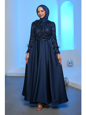 İmaj Butik Lacivert Kolları Tüğlü Üstü Payetli Saten Abiye