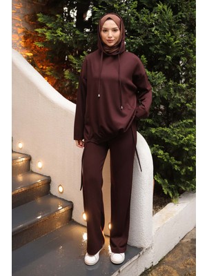İmaj Butik Kahverengi Ön Detaylı Modal Tunik Pantolonlu Takım