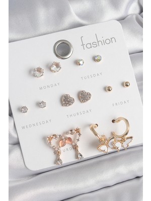 LTG Nova Pirinç Gold Renk Zirkon Taşlı Sallantılı Kalp Figür Kelebek Detay 7 Çift Kadın Küpe Seti