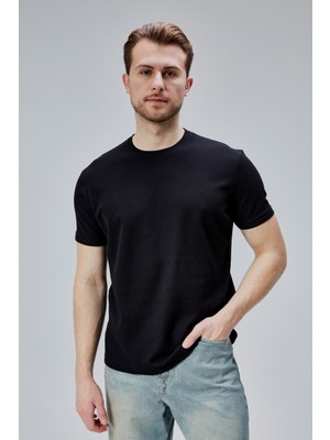 Mooncover Erkek Sıfır Yaka Basic T-Shirt Pamuklu Dokulu Kumaş – Siyah