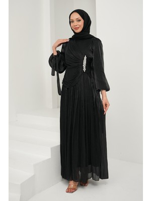 İmaj Butik Siyah Önü Taş Detaylı Kol Bağlamalı Abiye