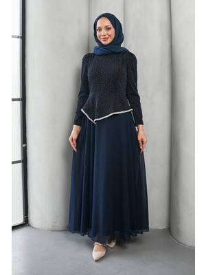 İmaj Butik Lacivert Taş Detaylı Tasarım Abiye