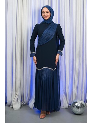 İmaj Butik Lacivert Önü Drapeli Taşlı Tasarım Abiye