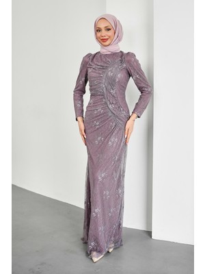 İmaj Butik Gül Kurusu Önü Büzgülü Güpürlü Abiye