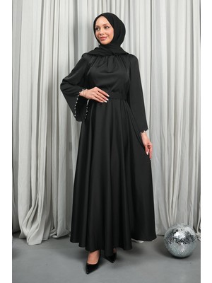 İmaj Butik Siyah Kolları Taşlı Kuşaklı Saten Abiye