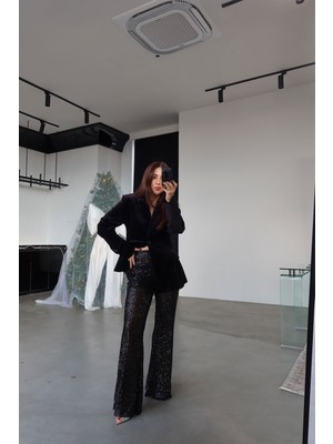 Özge Özgenç Pul Payetli Ispanyol Paça Pantolon