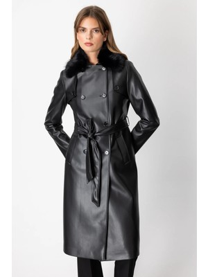 Ekol Yakası Kürklü Deri Siyah Kadın Trençkot 07007