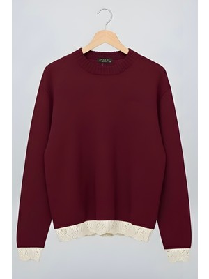 İmaj Butik Bordo Bisiklet Yaka Kol ve Etek Ucu Güpür Detaylı Triko Kazak