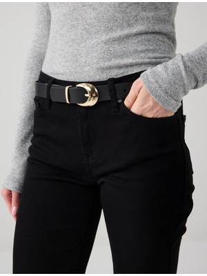 Jimmy Key Siyah Parlak Oval Tokalı Deri Görünümlü Kemer