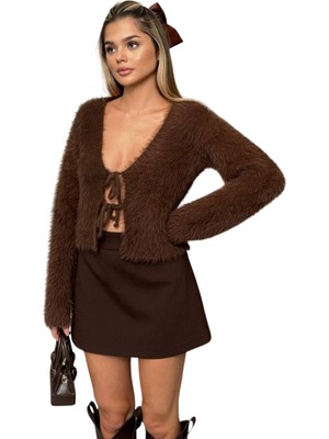 Kechi Woman Bağlamalı Kahve Renk Sakallı Triko Hırka