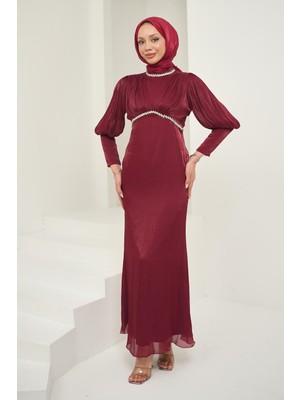 İmaj Butik Bordo Önü Piliseli Taşlı Abiye
