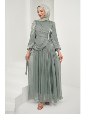 İmaj Butik Mint Yeşili Önü Taş Detaylı Kol Bağlamalı Abiye