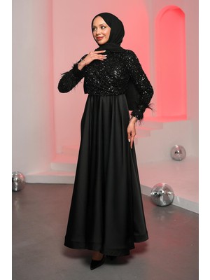 İmaj Butik Siyah Kolları Tüğlü Üstü Payetli Saten Abiye