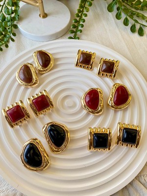 Jewelry Siyah Desenli Vintage Kare Küpe