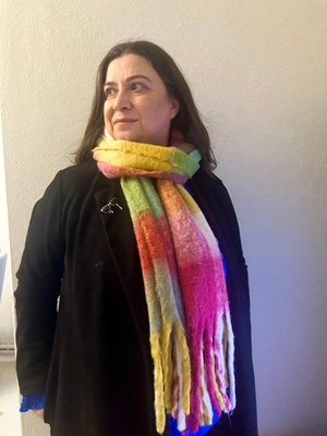 ALS Tasarım Dünyası Kare Desenli Yeşil-Renkli Buklet Kalın Puf Şal, Atkı Uzunluk 205X Genişlik 40 cm