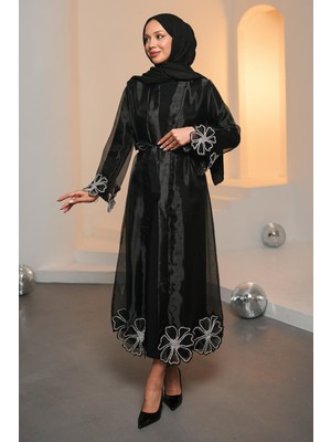 İmaj Butik Siyah Kol ve Etek Ucu Taşlı Abaya Takım