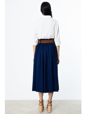 Ekol Yüksek Bel Kemerli Karışım Kumaş Etek