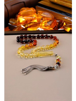 Dergah Tesbih Atölyesi Süzme Renk Faseta Model Damla Kehribar Gümüş Tasarım Bilek Boy Tesbih (Amber), (مسبحة قطرة كهريبار)