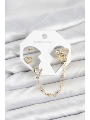 LTG Nova Pirinç Gold Renk Kalp Model Zincir Bağlantılı Ear Cuff Küpe Seti