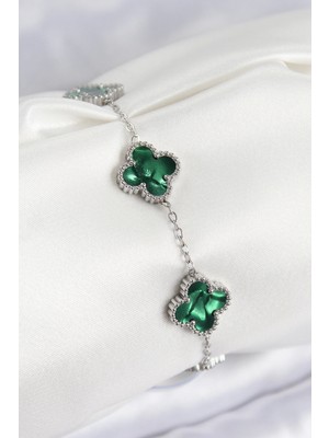 LTG Nova Bfs 316L Çelik Sedefli Zümrüt Yeşil Gümüş Renk Yonca Kadın Bileklik