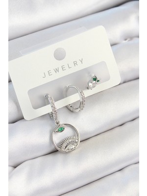 LTG Nova Pirinç Zirkon Taşlı Göz ve Baykuş Model Gümüş Renk 3'lü Çift Kadın Küpe Set