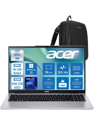 Acer Aspire Lite AL16-71P Intel Core Ultra 5 125H 4.5ghz 16GB Ddr5 256GB SSD Windows 11 Home Arc Graphics 16" 120Hz IPS Fullhd+ (1920X1200) Taşınabilir Bilgisayar NXDCLEY001H01 + Zetta Çanta