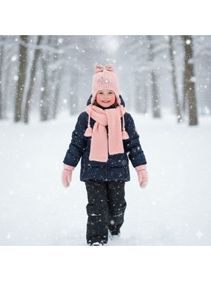 Kitti 1-4 Yaş Kız Çocuk Atkı Bere Eldiven 3'lü Takım Set Şapka Içi Polarlı ve Yumuşak