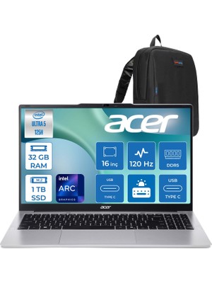 Acer Aspire Lite AL16-71P Intel Core Ultra 5 125H 4.5ghz 32GB Ddr5 1tb SSD Freedos Arc Graphics 16" 120Hz IPS Fullhd+ (1920X1200) Taşınabilir Bilgisayar NXDCLEY001F13 + Zetta Çanta
