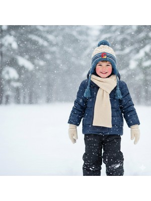 Kitti 4-8 Yaş 3'lü Takım Erkek Atkı, Eldiven ve Şapka Set Içi Polarlı