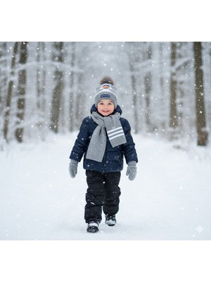 Kitti 0-18 Aylık Erkek 3'lü Takım Atkı, Eldiven ve Şapka Set Içi Polarlı