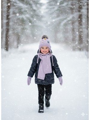 Kitti 1-4 Yaş Kız Çocuk Atkı Bere Eldiven 3'lü Takım Set Şapka Içi Polarlı ve Yumuşak