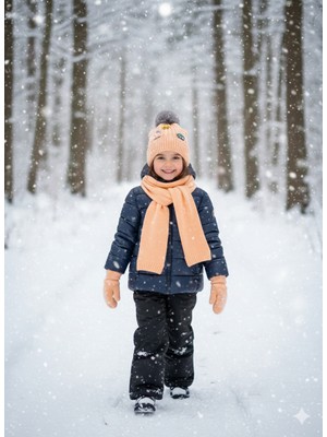 Kitti 1-4 Yaş Kız Çocuk Atkı Bere Eldiven 3'lü Takım Set Şapka Içi Polarlı ve Yumuşak