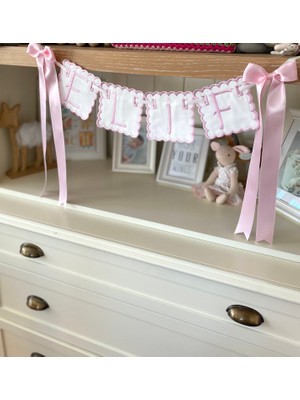 Florije Baby Kişiye Özel Nakışlı Harfli Banner– Bebek Odası Dekoru, Kapı Süsü, Flama, İsimlik, Beşik Süsü Pembe