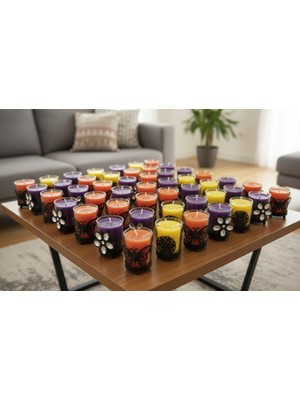 Artepieza Metal Standlı Dekoratif Cam Bardak 48’li Mum Seti - Renkli Hediyelik Tasarım Mumlar-Taşlı ve Metal Tasarımlı Cam Muhafazalı 48'li Renkli Mum Seti 7,5*5 cm