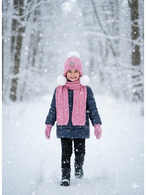 Kitti 1-4 Yaş Kız Çocuk Atkı Bere Eldiven 3'lü Takım Set Şapka Içi Polarlı ve Yumuşak