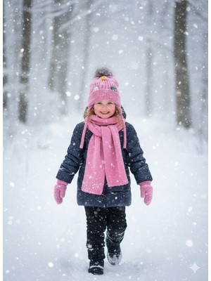 Kitti 1-4 Yaş Kız Çocuk Atkı Bere Eldiven 3'lü Takım Set Şapka Içi Polarlı ve Yumuşak