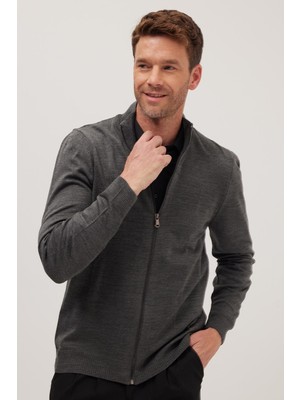 Tudors Erkek Slim Fit Dar Kesim Gri Dik Yaka Fermuarlı Düz Hırka