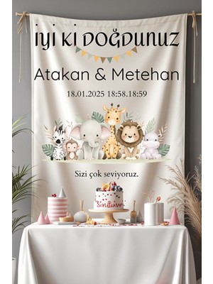 Puppetzzz Büyük Boy Kardeş ve Ikizlere Özel Safari Temalı Doğum Günü Afişi Flaması Duvar Örtüsü