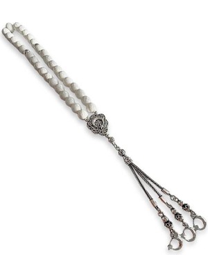 Tudi Silver Üç Hilalli Beyaz Mercan Taşı Gümüş Tesbih