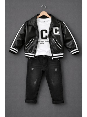 Selvira Erkek Çocuk 3’lü Kombin Set – Suni Deri Ceket, Baskılı Uzun Kollu Tişört ve Siyah Kot Pantolon