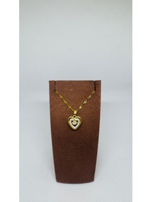 Karya Takı Sarı Renk Ortası Beyaz Taşlı Kalpli Bayan Kolyesi