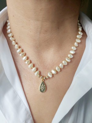 Devi Fashion Özel Tasarım Altın Rengi Damla Uçlu Inci Kolye 45 cm