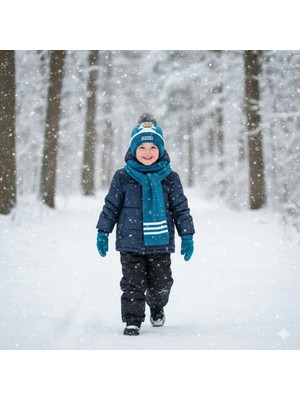 Kitti 0-18 Aylık Erkek 3'lü Takım Atkı, Eldiven ve Şapka Set Içi Polarlı