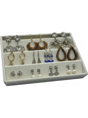 Megass Dekor Süet Kumaş Krem Renk 22 cm / 14 cm Çekmece Içi Küpe Takı Standı