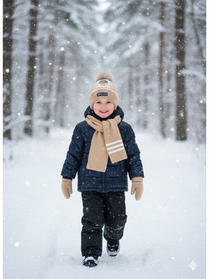 Kitti 0-18 Aylık Erkek 3'lü Takım Atkı, Eldiven ve Şapka Set Içi Polarlı