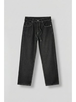 Abluka Online Erkek Baggy Fit Bağcıklı Bel Jean Pantolon Siyah
