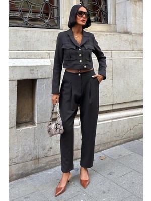 Lijuri Crop Ceket ve Vintage Düğmeli Premium Takım 10239 R5-I-K4